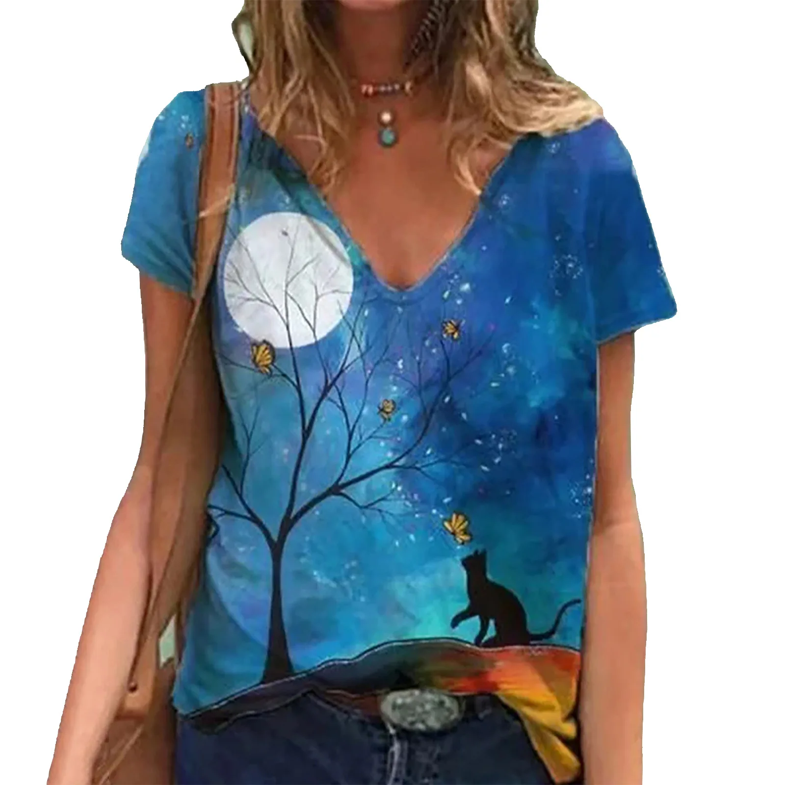 

5XL Summer Oversized Women Loose T Shirts V-Neck Short Sleeve Cute Cat 3D Print Tee Top Casual Streetwear Tops Plus Size 3XL 4XL