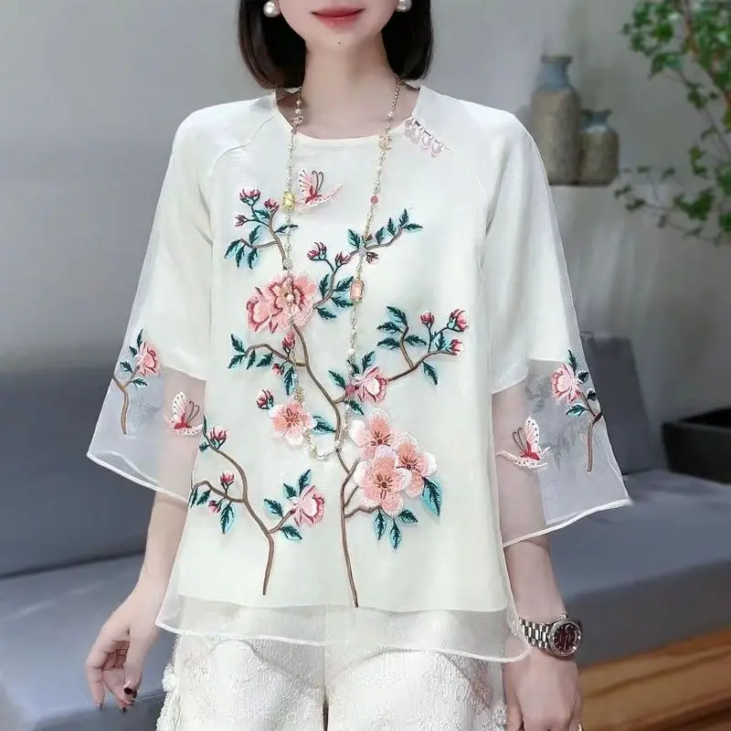 2023 chinese atylw traditional flower embroidery hanfu blouse women round neck chiffon top tangsuits blouse elegant daily blouse