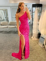one shoulder sequin dress with high slit and straps across back prom dress with sequins