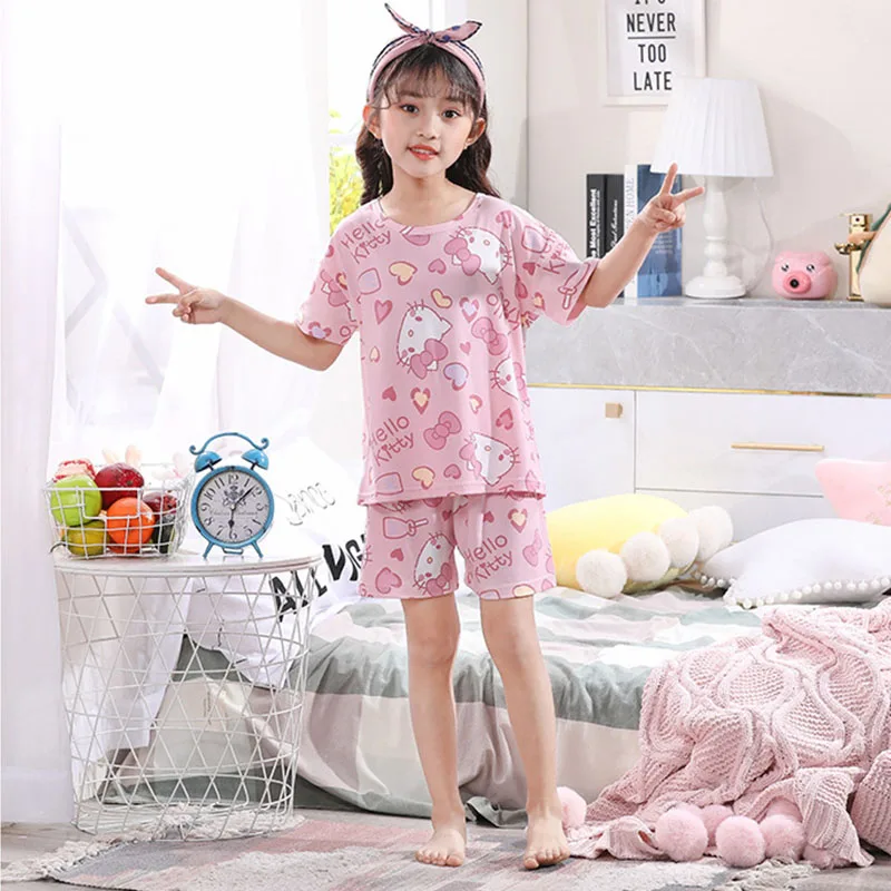 

Kawaii Sanrio Hello Kitty Children Sleepwear Cute Anime Cinnamoroll Short Sleeve Pajamas Cartoon Summer Girls Homewear Clothes