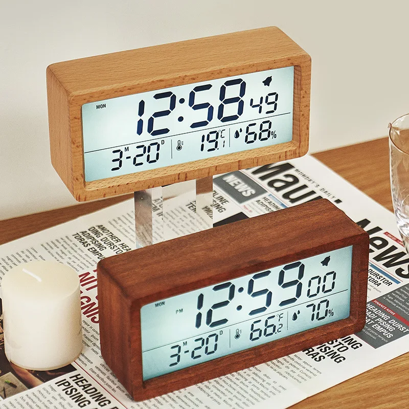 

Часы из твердой древесины, простые светящиеся прикроватные часы с функцией измерения температуры и влажности, креативный Деревянный Будильник с большим экраном