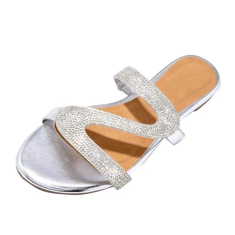 2023 Summer New Women's Shoes Fashion Flat Rhinestone Sandals Open Toe Slippers Outdoor Leisure Beach Slippers Plus Size 43