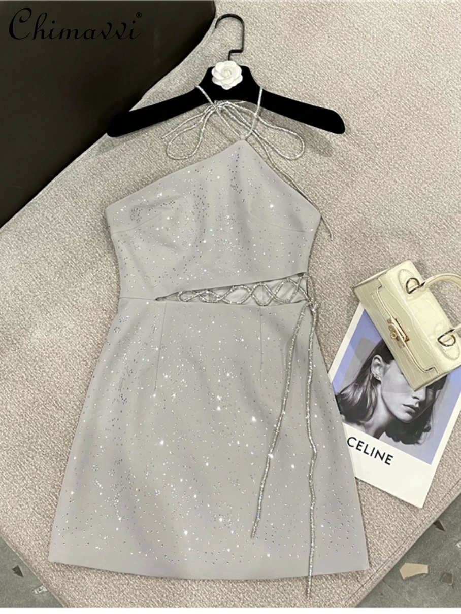 

2022 Summer New Fashion Sexy Design Midriff Outfit Rhinestone Lace Up Short Dress High Waist Slim Elegant Nightclub Halter Dress