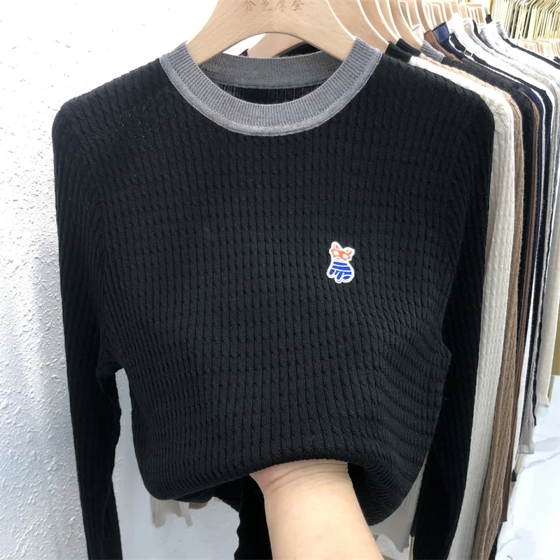 Осень и зима 2024 новый корейский шерстяной свитер с круглым вырезом вышитой нитью