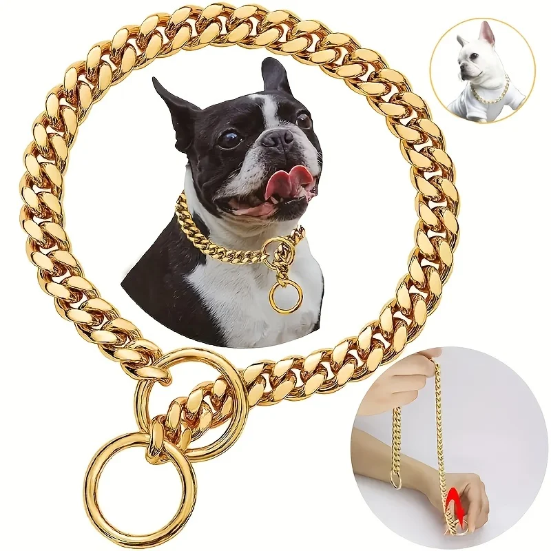 

Золотая цепочка для собак 10 мм, кубинская цепь, цепь для собак из нержавеющей стали, металлическая скользящая цепочка, ошейник для собак, сверхпрочный и жевательный