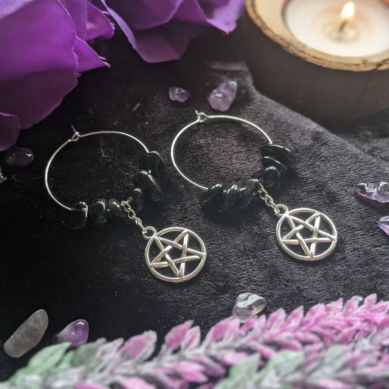 

Black Crystal Pentagram hoop earrings gothic witchcraft jewelry