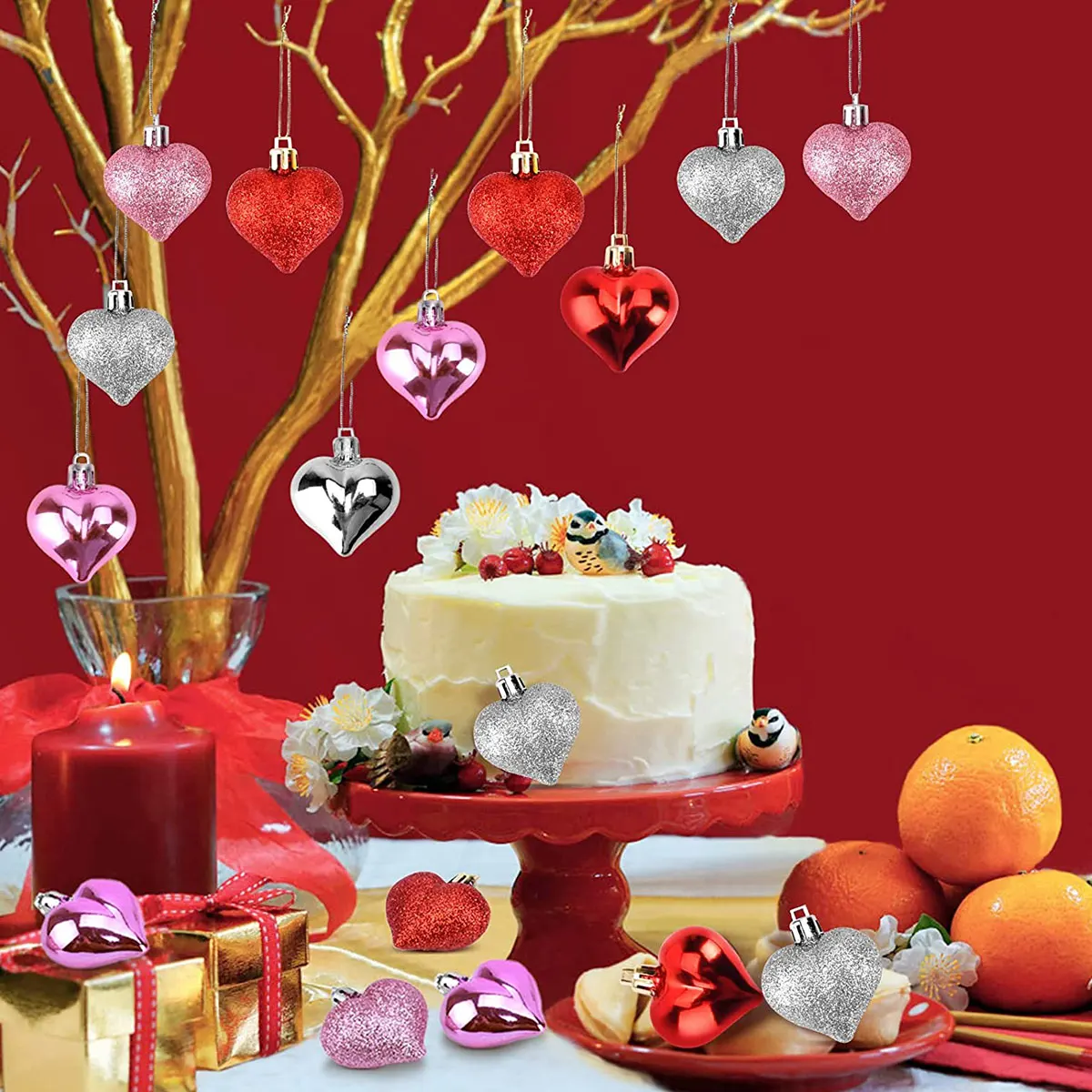 

24 Pieces Plastic Heart Tree Baubles Gloss Glitter Decorative Heart Ball Ornament Tree Decora Ornament Balls