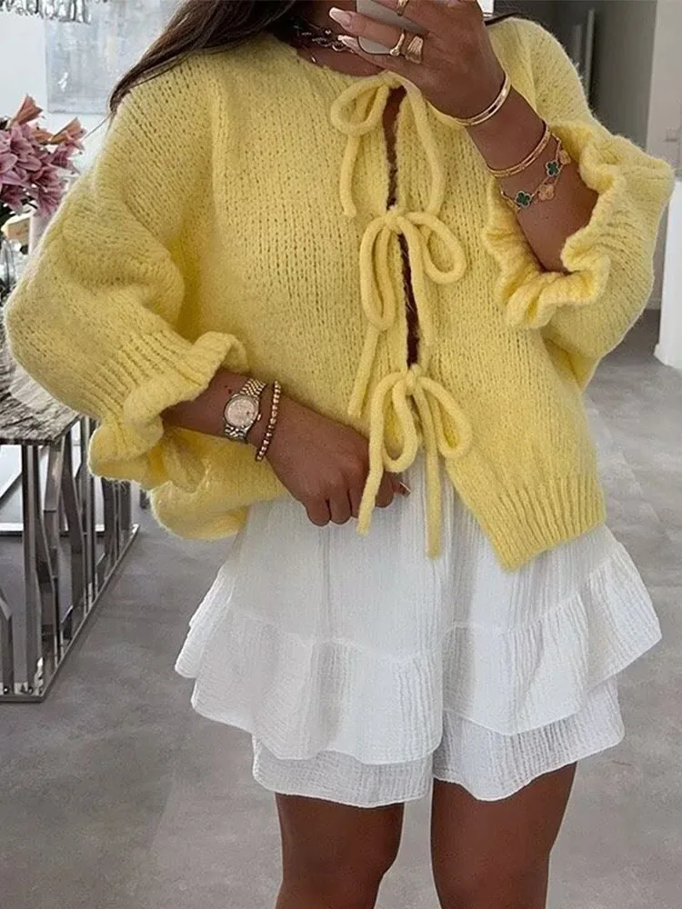 Женский осенний кардиган HH TRAF с круглым вырезом и рукавами-лепестками