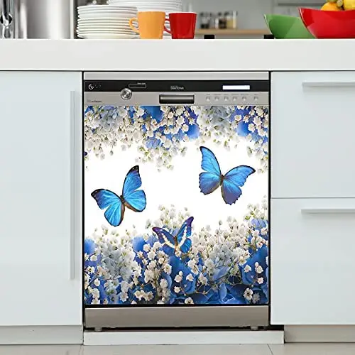 

Yosa Blue Flower Butterfly Dishwasher Cover Magnet Sticker Decor Kitchen Fridge Door Flroal Home Decorative Refrigerator Cover P