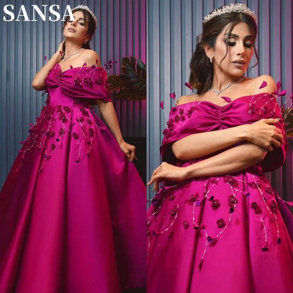 

Sansa Thick Satin Ball Gown Prom Dress Handmade Flower Vestidos De Noche Sexy Off Shoulder Hot Pink فساتين سهره فاخره 2023