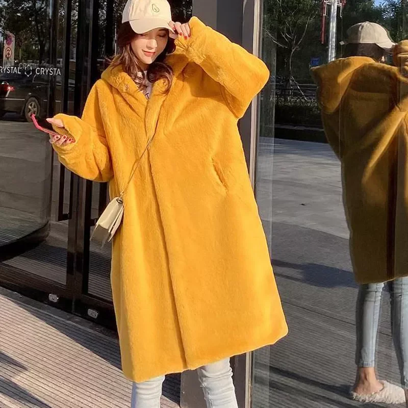 New2022 New Women Winter Faux Fur Coat Hooded Long Fur Coats Thick Warm Female Plush Plus Size Loose OverCoat