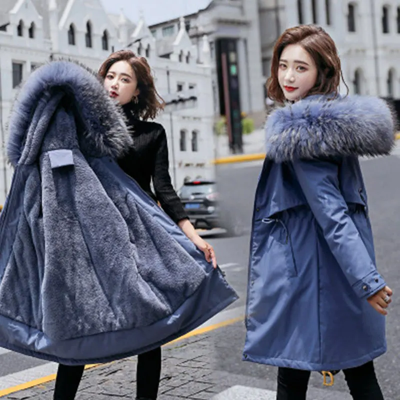 Wool Liner Parkas New Female Plus Size M-6XL Fur Solid Cotton Coat Women Winter Warm Mid-Long Jackets Hooded Parka Thick Jacket