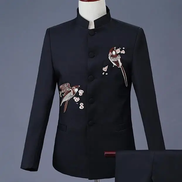 

New Solid Color Men's Chinese style embroidered standing collar Slim Fit Buttons Male Business Casual Blazers Coat ABB143