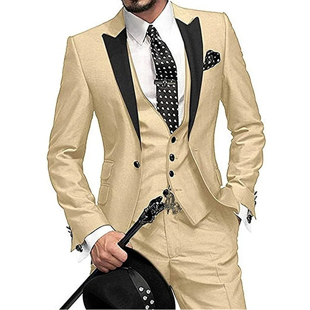Men Suits  Casual 3 Pieces Business Groomsmen Grey White Champagne Lapel Tuxedos for Formal Wedding(Blazer+Pants+Vest)
