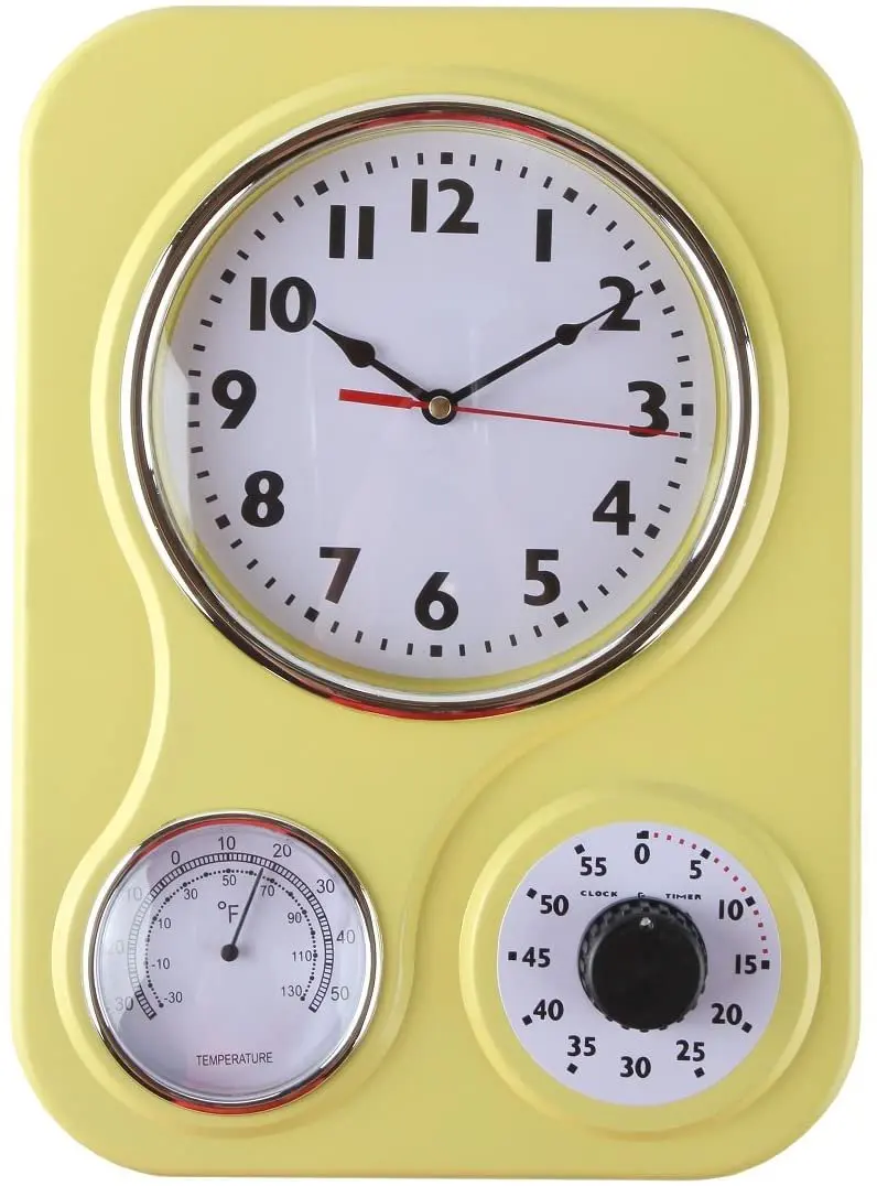 

Retro Kitchen Wall Clock, with a Thermometer and 60-Minute Timer, Ideal for Any Kitchen, Yellow (9.5 in x 13.3 in)