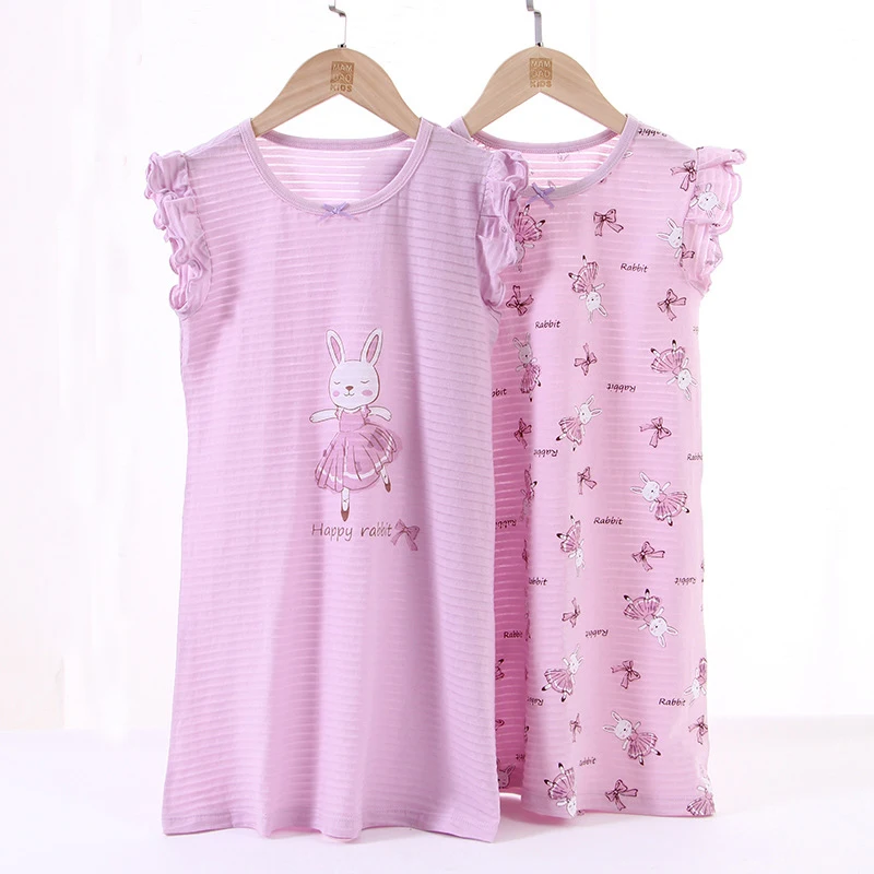 

Хлопковая домашняя одежда для детей 2-15 лет, ночная рубашка с мультяшным Кроликом, Пижама для маленьких девочек, летняя одежда для дома для п...