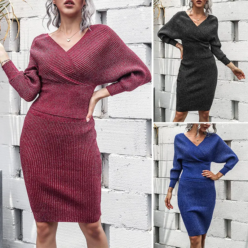 

Лидер продаж, женский свитер Kf с V-образным вырезом и рукавом летучая мышь, топ с лямкой на шее и облегающая юбка, комплекты из 2 предметов, жен...