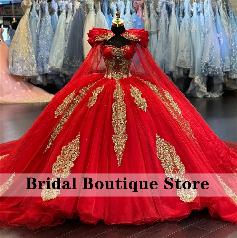 

Princess Red Ball Gown Quinceanera Dresses 2023 With Cape Sequins Appliques Beads Sweet 16 Dress Vestidos De 15 Anos Lace-Up