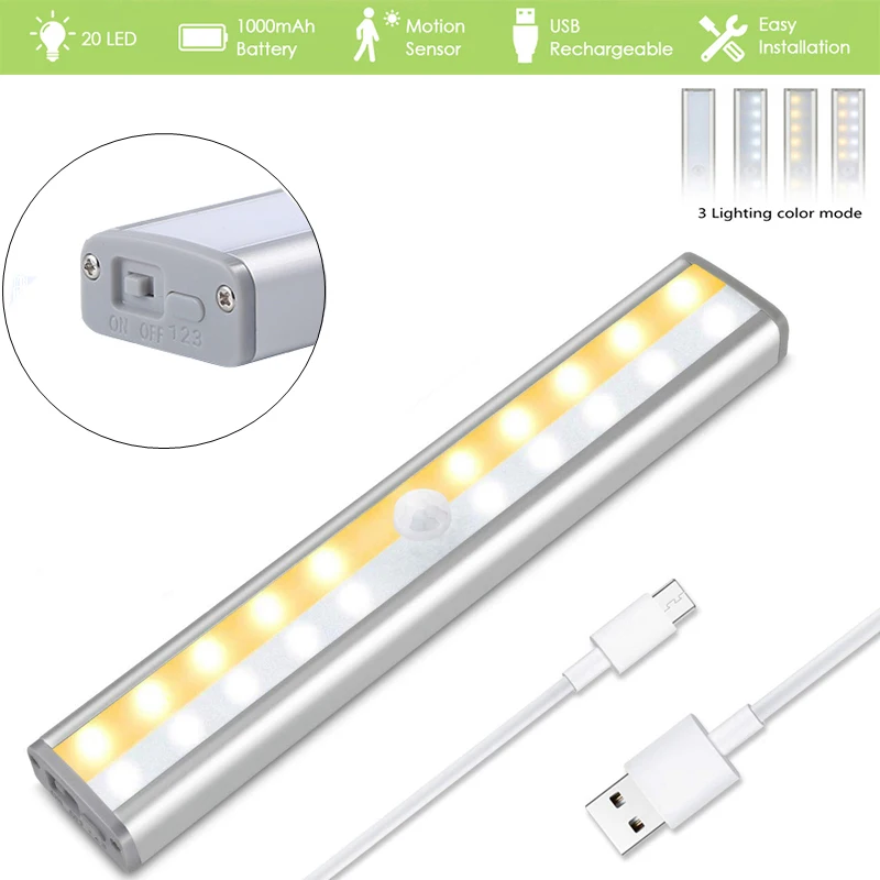 

USB Rechargeable 20 LED Under Cabinet Light PIR Motion Sensor Light 3 Color Modes For Counter Wardrobe Kitchen Hallway Stairs