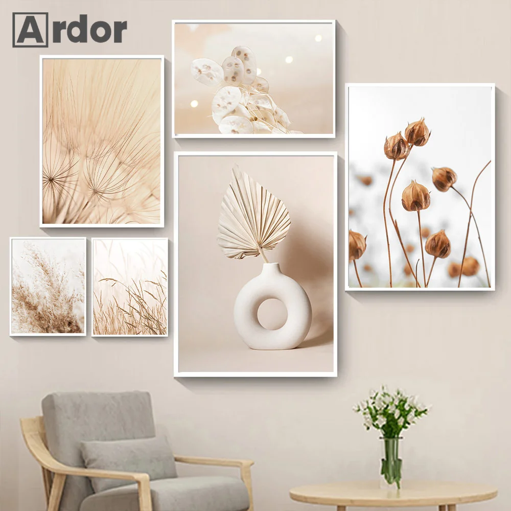 

Beige Scenery Poster Hay Reed White Flowers Canvas Painting Banana Leaf Vase Art Print Nordic Wall Pictures Living Room Decor