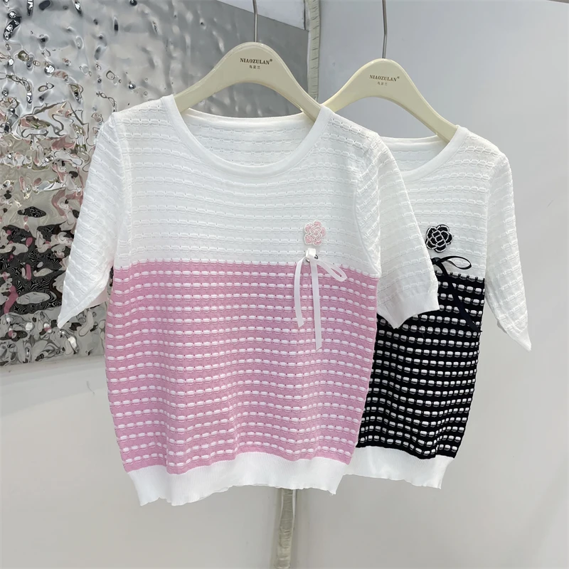 

Лето 2023, вязаная футболка в полоску, женская одежда, винтажный Повседневный свитер с коротким рукавом, футболки, женские топы