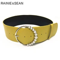 rainie sean wide waist belt women yellow pearl round buckle pu leather waist belts casual solid ladies belt for dress 90cm