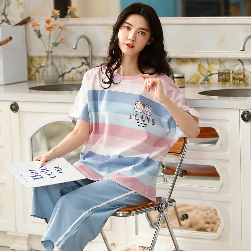 

new style pajamas women's summer short sleeved capri pants pure cotton lovely large loose leisure spring autumn home clothes