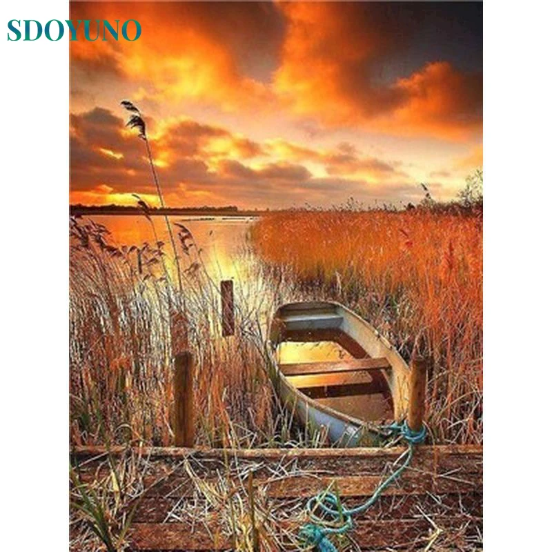 

SDOYUNO Oil Painting By Numbers Boat On Canvas Landscape Paint Adults Kit Coloring By Number Drawing Picture Wall Art Decor