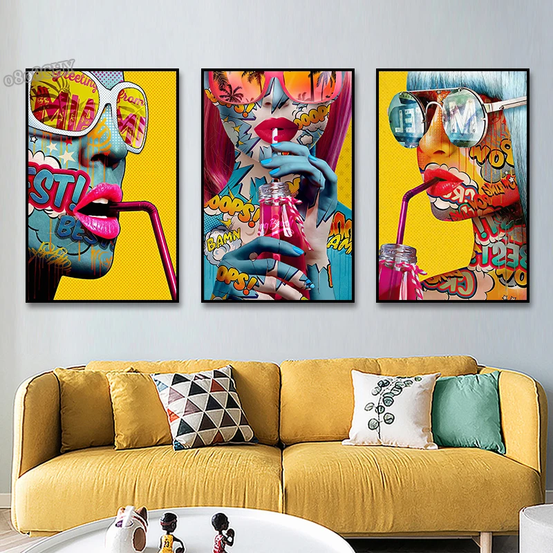 

Summer Cool Girl Drinking Soda Pop Art Canvas Painting Posters Prints Fashion Girl Wall Art Pictures for Living Room Home Decor