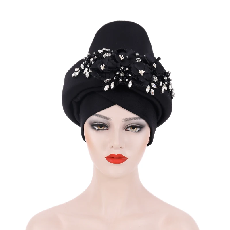 Luxury Rhinestone Auto Gele Already Made Headtie Bonnet Nigerian Wedding Head Ties African Women Head Wraps Turbante Mujer