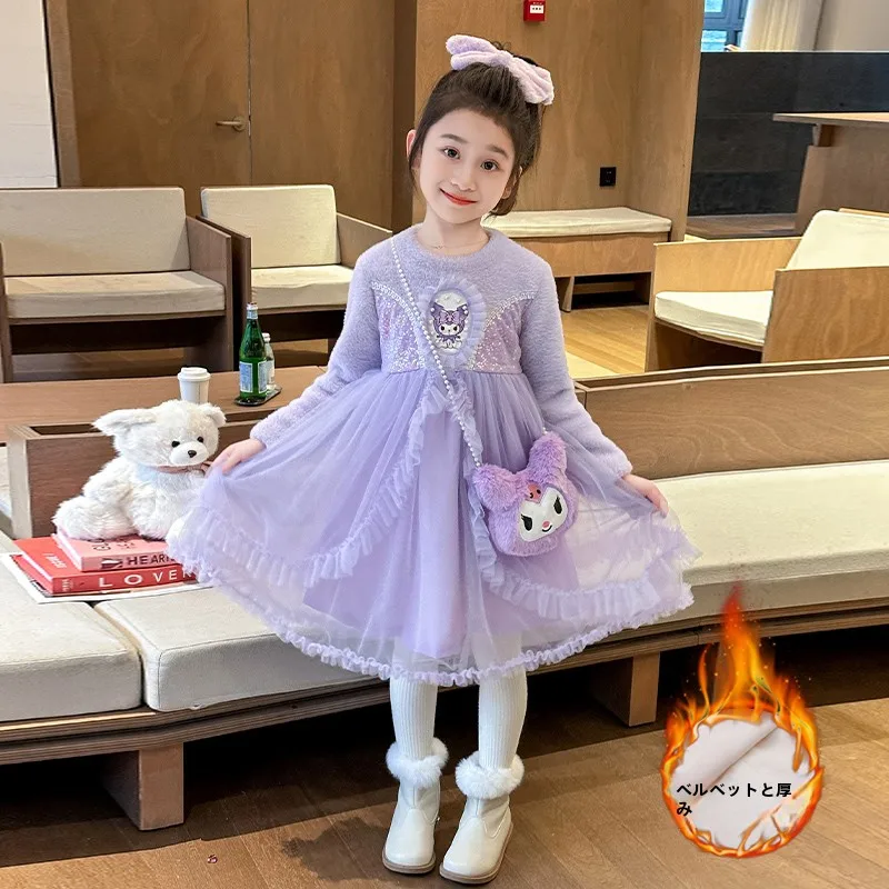 Бархатное платье из норки с героями мультфильмов для девочек новинка 2024