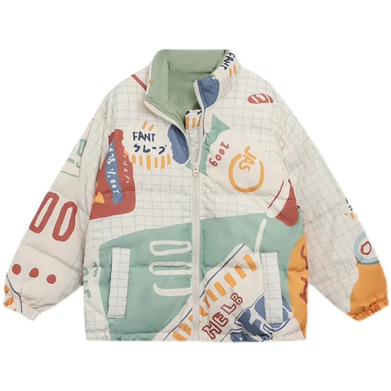 Winter Jacket Female Cartoon Style Print Short Padded Jacket New Korean Version Loose Hong Kong Style Long-sleeve Padded Coat