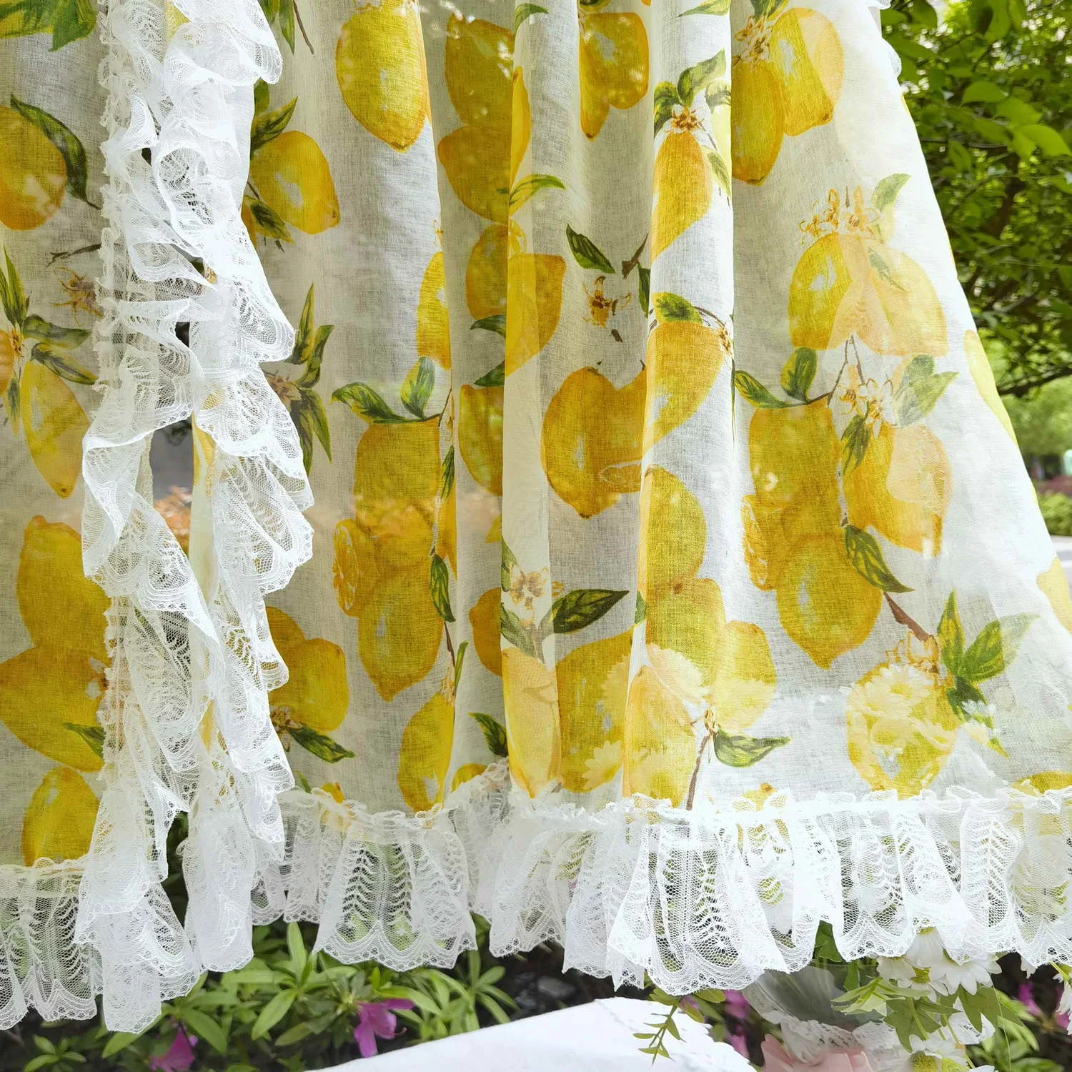 Короткие Шторы С Принтом Лимонных Фруктов В Стиле Кантри Кружевными Слоями Для