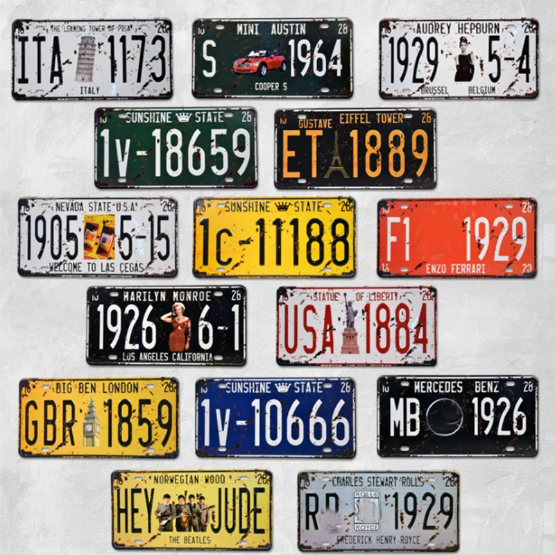 

1pc Retro Metal Poster Car Number License Vintage Plate Bar Club Wall Decor 15*30cm USA Motorcycles Pub Garage Tin Plaques Signs