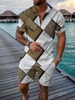 new mens tracksuit geometry print short sleeve zipper polo shirtshorts set for men casual streetwear 2022 summer 2 piece suit
