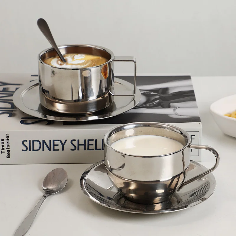 

Кофейные кружки из нержавеющей стали, роскошные чашки для воды, кофе, чая, молока, Конденсационная кофейная чашка, блюдце, набор для посуды с ...