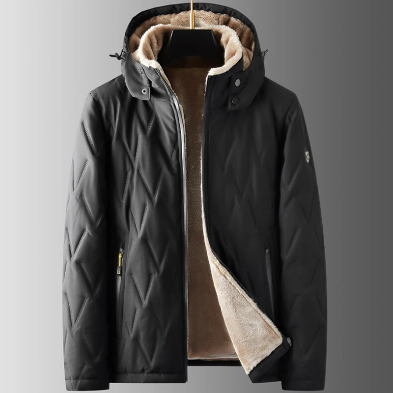 New Men's Winter Black Warm Cotton Coat Fashion Plush Thickened Hooded Jacket Business Casual Loose Zipper Coat Cold Proof