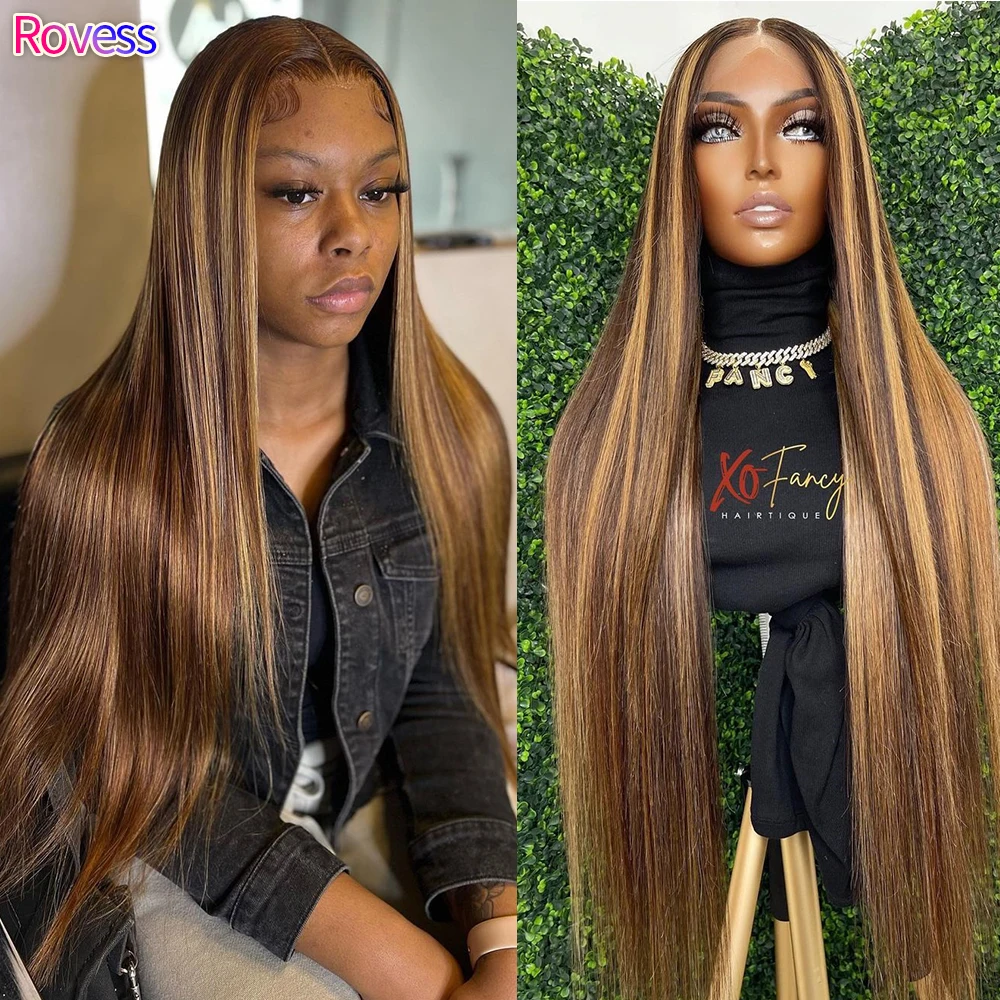 

Rovess 4/27 Color 13x6 Lace Frontal Human Hair Wigs Highlight Ombre Honey Blonde Lace Straight Wig PrePlucked Baby Hair 28inche