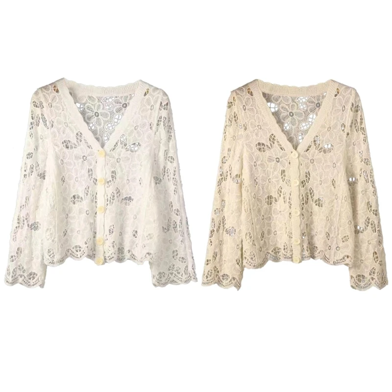 

2023 New Womens Floral Lace Crochet Long Sleeve Cropped Cardigan V-Neck Scalloped Trim Hollow Out Knitted Jackets Sweater Coat