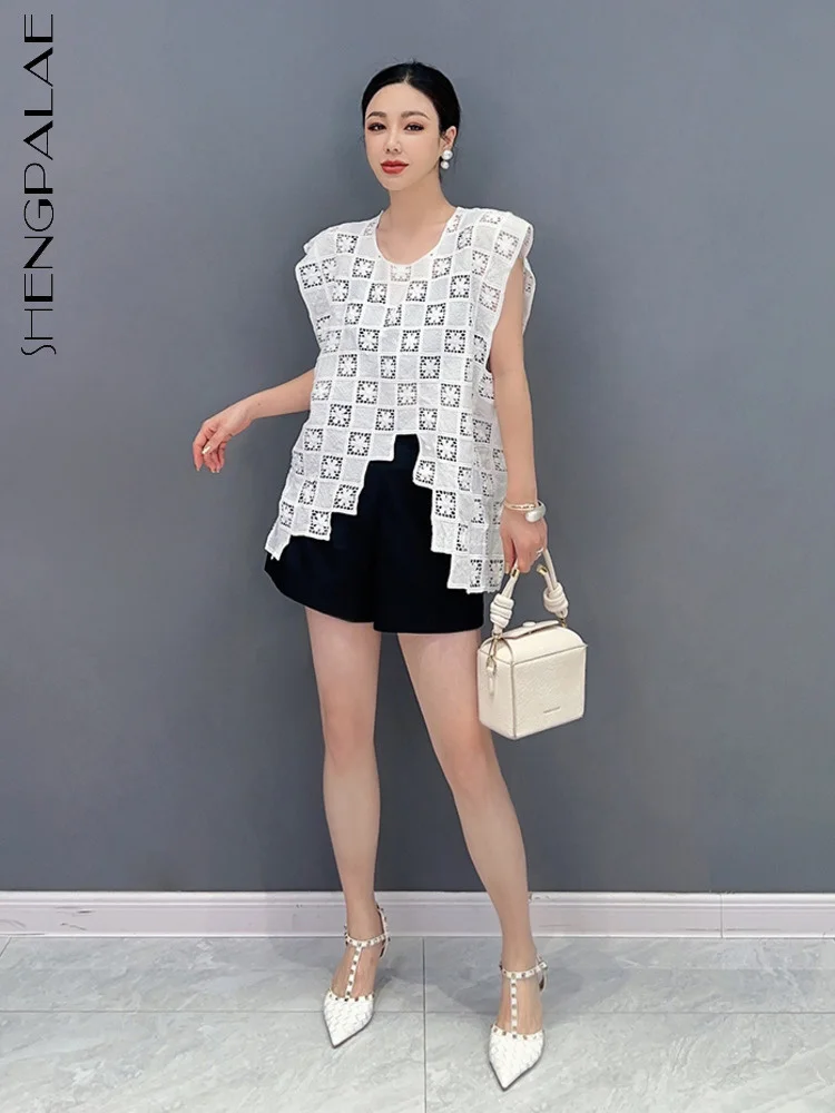 

SHENGPALAE Fashion Women's T-shirt Sleeveless O-neck Hollow Out Solid Color Irregular Versatile Tees Summer 2023 New Tide 5R4300