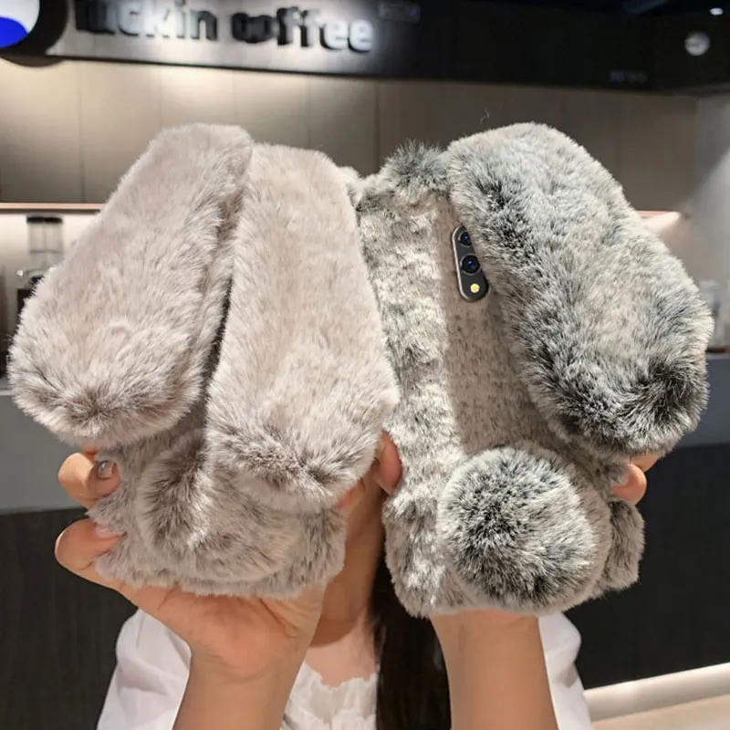 Rabbit Ears Silicone Cases For OPPO A5 A9 2020 F17 AX5 A95 A94 A93 A74 A73 A53 5G A35 A11K Diamond Soft TPU Plush Cover Caqa