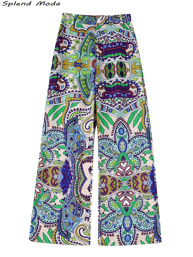 

Splend Moda 2022 ZA Women Fashion Summer Bohemian Style Vintage Print Zipper Flared Long Pants Holiday Chic High Waist Trousers