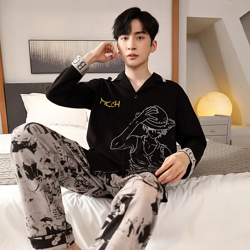 Spring Men Cotton Pajamas 2 Pieces Homewear Cartoon Anime Japan Pijama Nightwear Long Sleeves Black Sleepwear for Young Students