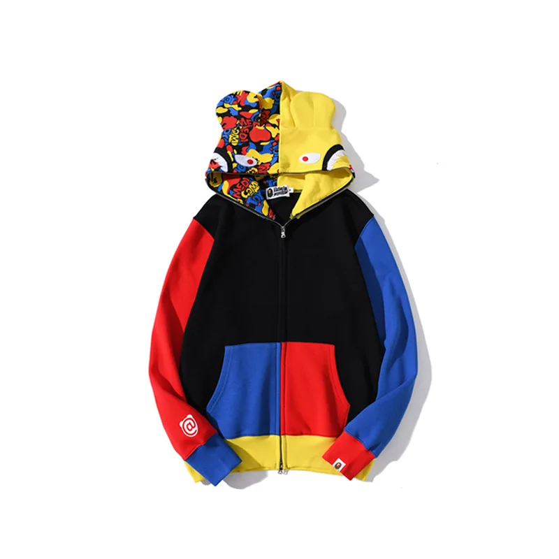 

Bape Shark Head Red, Blue And Yellow Color Matching Men's And Women's Ears Hooded Cardigan Sweater