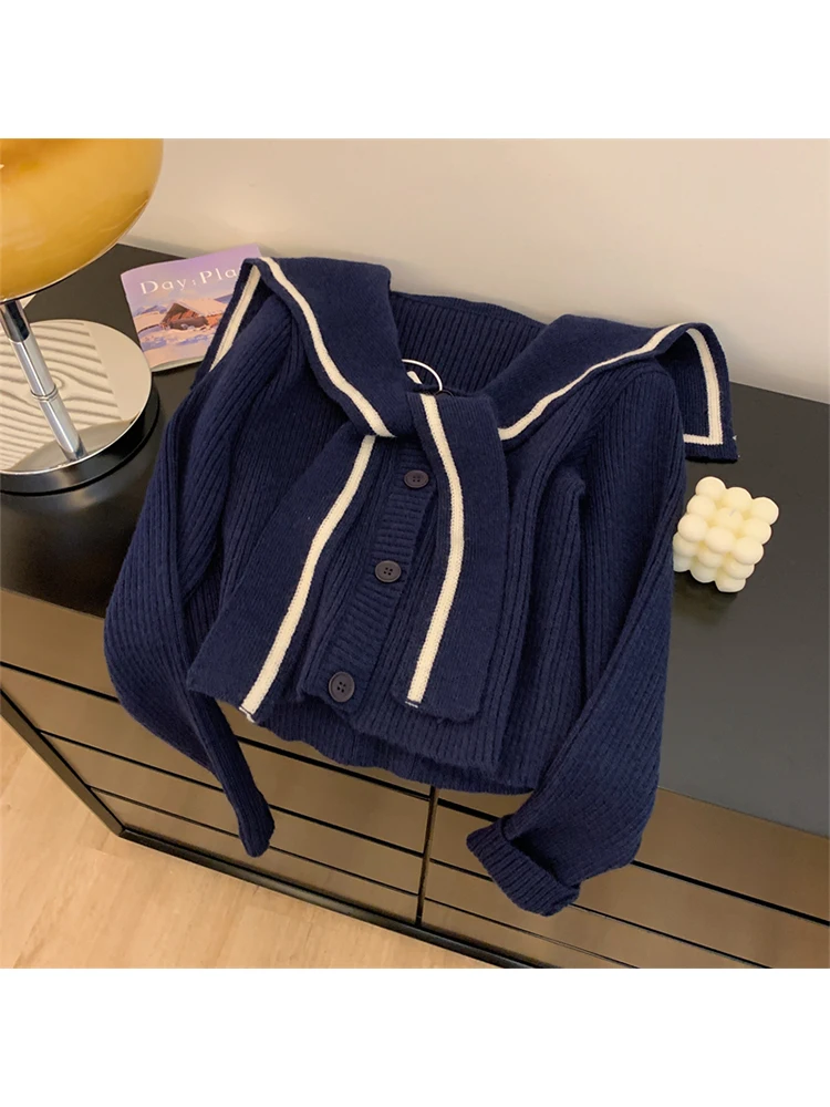 

Женский винтажный кардиган, трикотажный свитер в стиле 90-х в стиле Харадзюку, корейский джемпер с длинным рукавом и матросским воротником, одежда Y2k 2000s