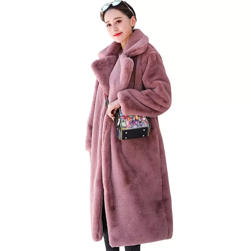 New2022 New Women Winter Warm Faux Fur Coat Thick Women Long Coat Turn Down Collar Women Warm Coat With Belt Casaco Feminino