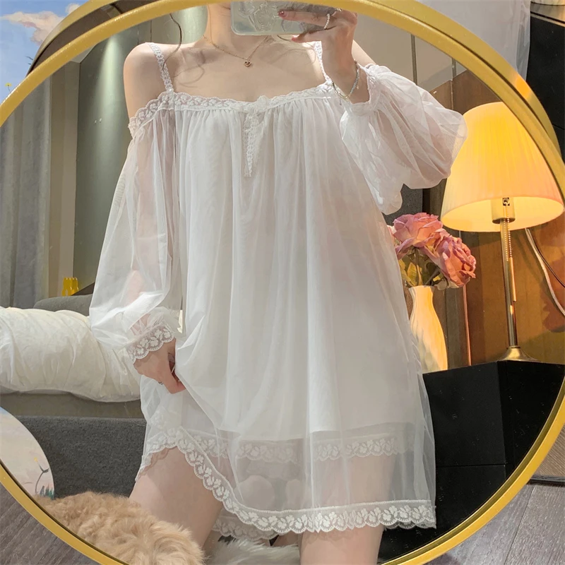 

New Solid Soft Summer Sleepwear Loose Long nightgown Simple Knee-length French Sweet romance Sexy NightDress Suspenders Lace