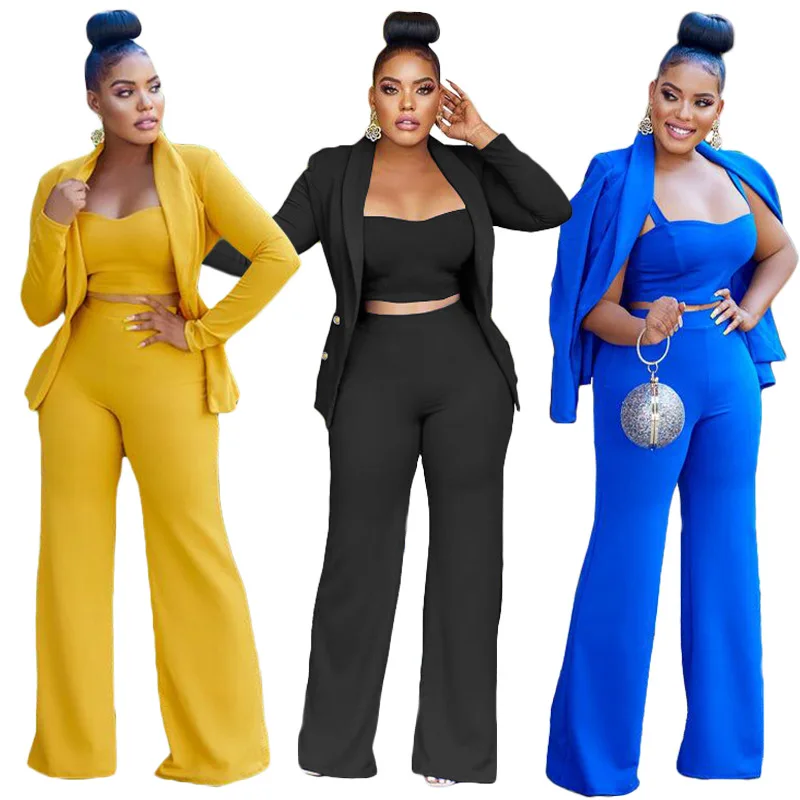 

3 Piece Sets Women Blazer Outfit Autumn Long Sleeve Turn Down Collar Top + Sexy Spaghetti Strap Crop Top + Long Pants OL Clothes
