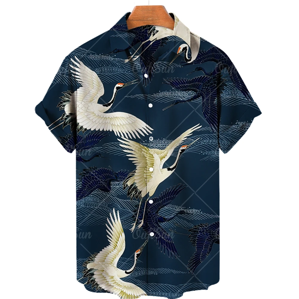 Summer 2022 Men's Short Sleeve Hawaiian Shirt 3d Print Animal Crane Social Social Beach Shirt Oversized Streetwear