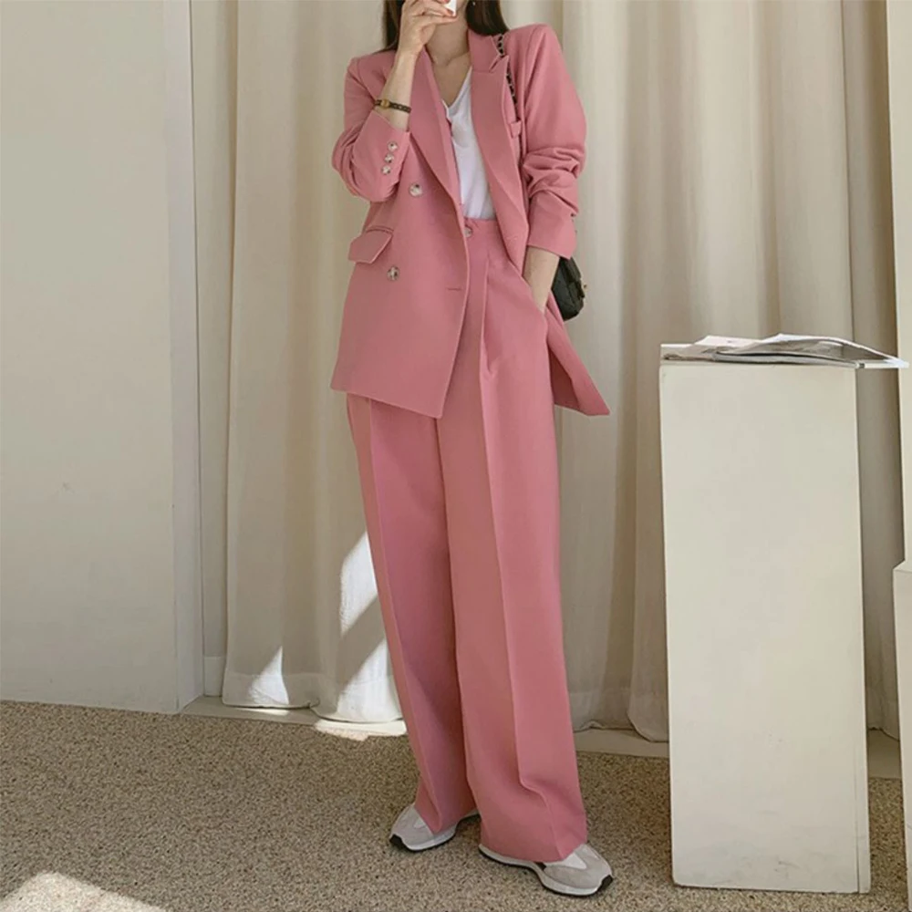 Korean Style Blazer Suits for Women Chic Two Piece Set Long Sleeve Loose Casual Jacket + High Waist Straight Pants Office Lady